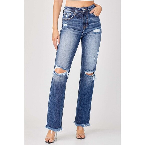 Risen Raw Hem Distressed Straight Jeans - Picture 1 of 5